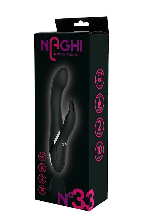 Черный вибратор-кролик NAGHI NO.33 RECHARGEABLE DUO VIBRATOR - 23 см.