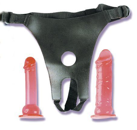 Трусики из кожзаменителя с двумя фаллоимитаторами CROTCHLESS STRAP-ON 2 DONGS HOT PINK