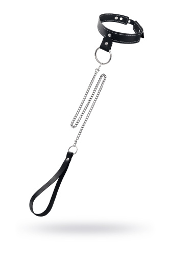 Черный узкий однослойный ошейник с серебристым поводком-цепочкой
