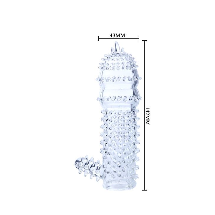 Прозрачная насадка на пенис с шипами и стимулятором клитора - 14,2 см.