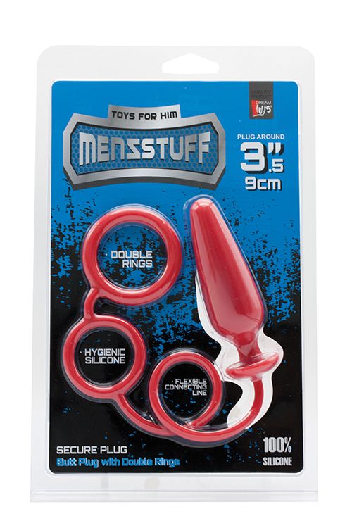 Красное эрекционное кольцо с подхватом и анальным стимулятором MENZSTUFF 3.5INCH DOUBLE RING ANAL PLUG