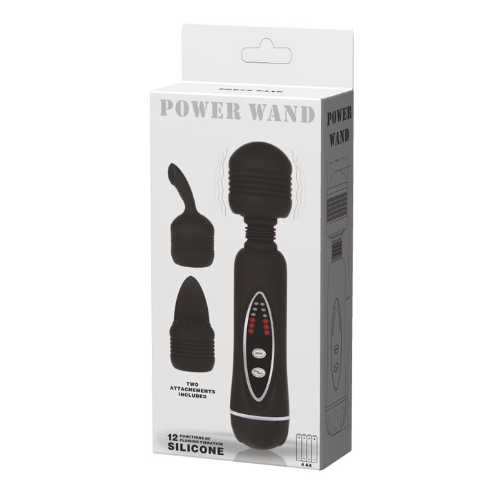 Черный вибромассажер со сменными насадками Power Wand - 20,5 см.