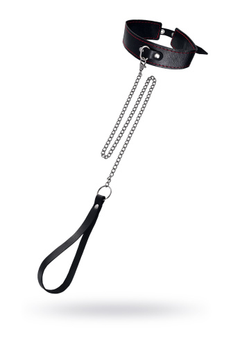 Кожаный двухслойный ошейник с красной строчкой и поводком