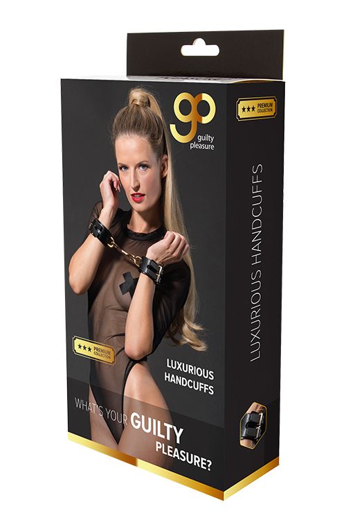 Черные наручники PREMIUM HANDCUFF WITH HOOK с золотистой перемычкой