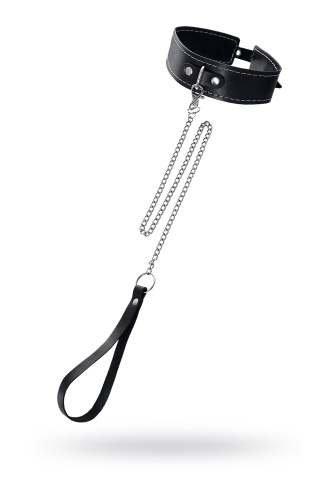 Кожаный двухслойный ошейник с белой строчкой и поводком