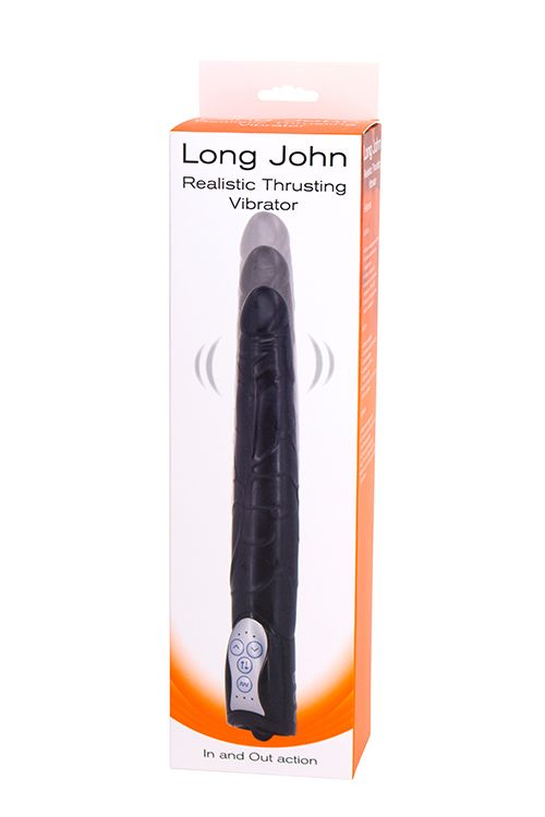 Чёрный вибромассажер Long John Realistic Thrusting Vibrator с функцией толкания - 20 см.