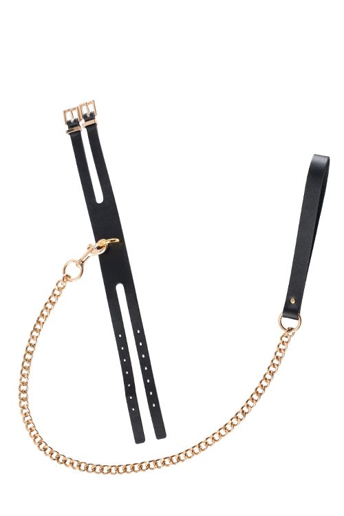 Черный ошейник PREMIUM COLLAR LEASH SET с золотистым поводком