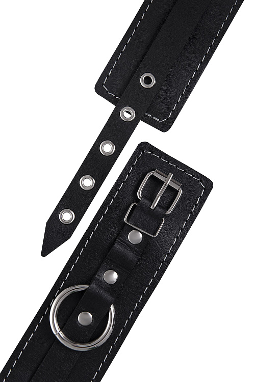 Черные двухслойные кожаные оковы с белой строчкой