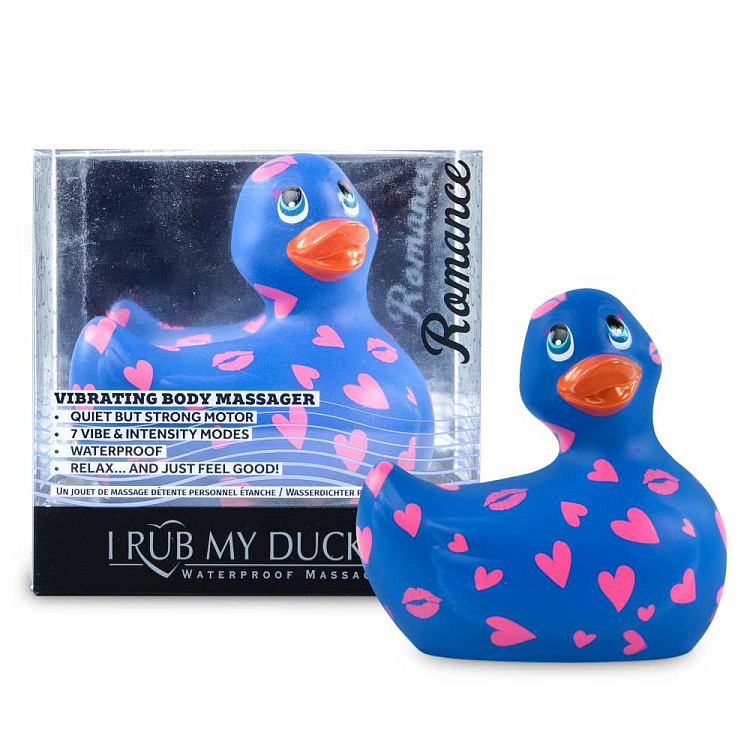 Синий вибратор-уточка I Rub My Duckie 2.0 Romance с розовым принтом