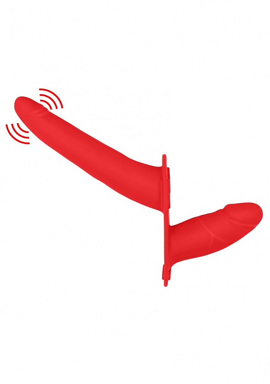 Красный двойной вибрострапон Double Vibrating Silicone Strap-On Adjustable - 15,5 см.