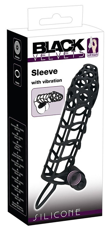 Чёрная закрытая насадка-сетка на пенис с вибрацией Black Velvet - 14 см.
