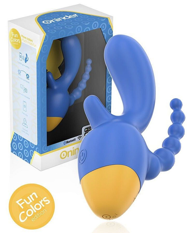 Синий мини-вибратор с анальным хвостом и управлением через приложение - 13 см.