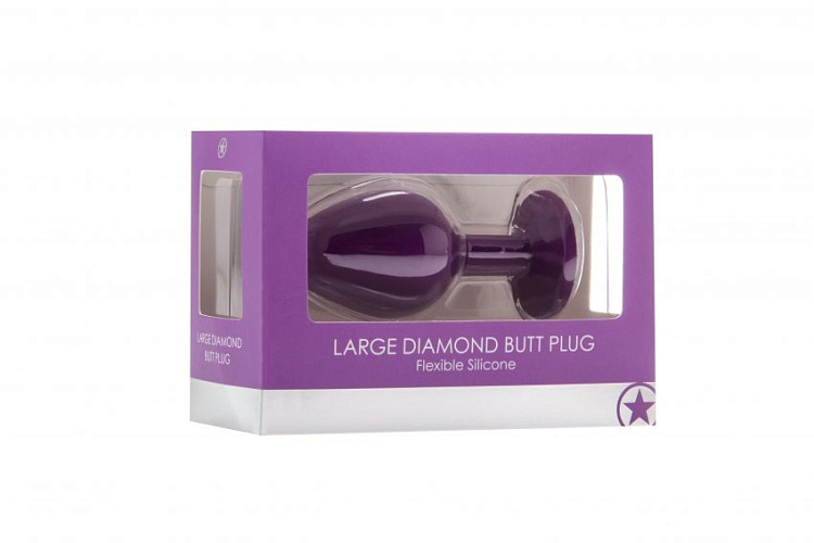 Большая фиолетовая анальная пробка OUCH! Large Diamond Butt Plug с кристаллом - 8 см.