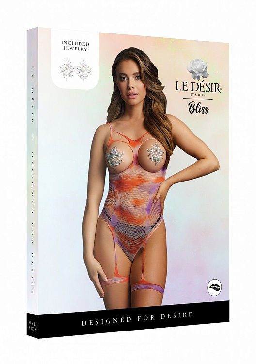 Боди с гартерами и наклейками на грудь Open-cup Strappy Teddy   Dazzling Sticker