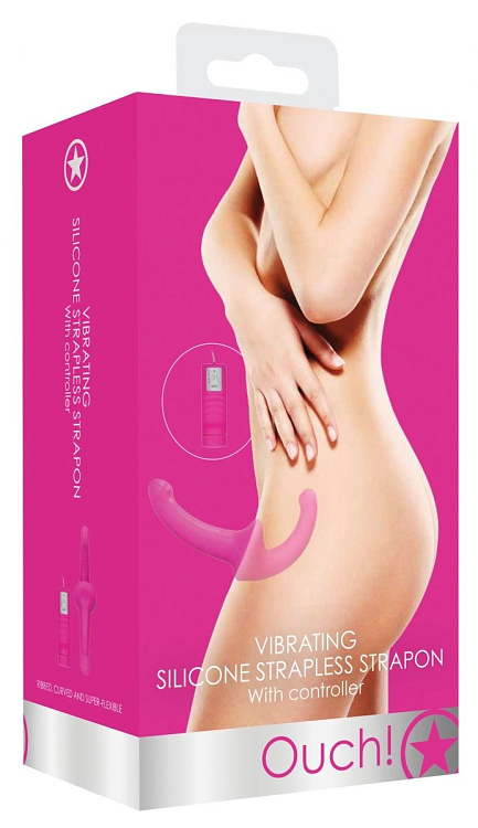 Розовый безремневой вибрострапон с пультом управления Vibrating Silicone Strapless Strapon