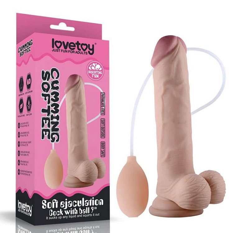 Телесный фаллоимитатор с имитацией эякуляции 9  Soft Ejaculation Cock With Ball - 22,9 см.