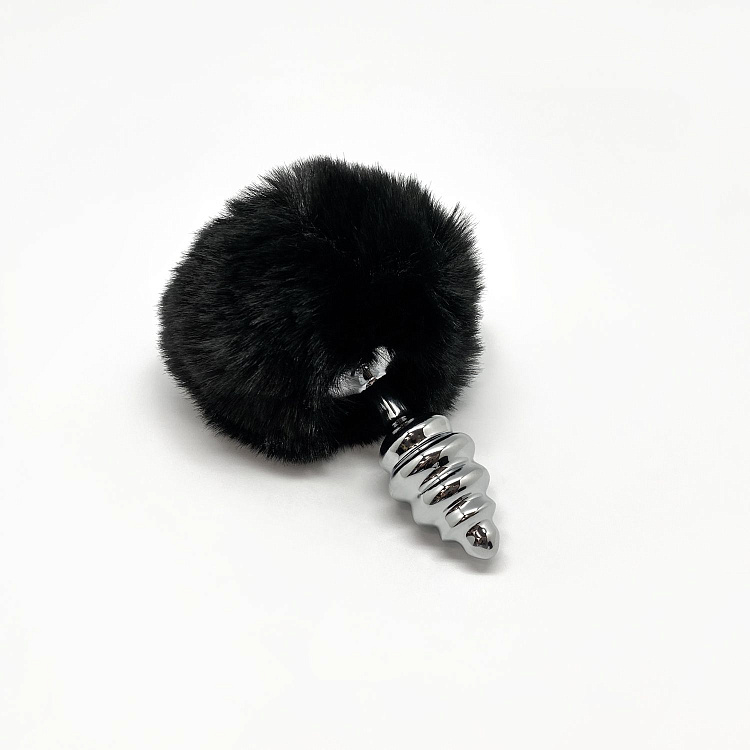 Серебристая анальная пробка с черным хвостиком Metal Anal Fluffly Twist Plug S