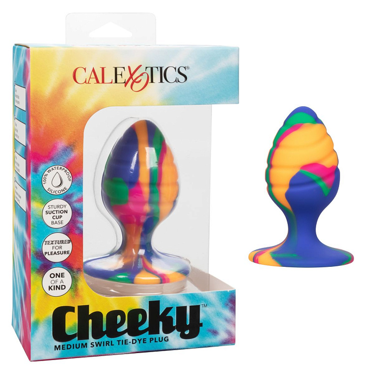 Яркая анальная пробка Cheeky Medium Swirl Tie-Dye Plug - 7,5 см.