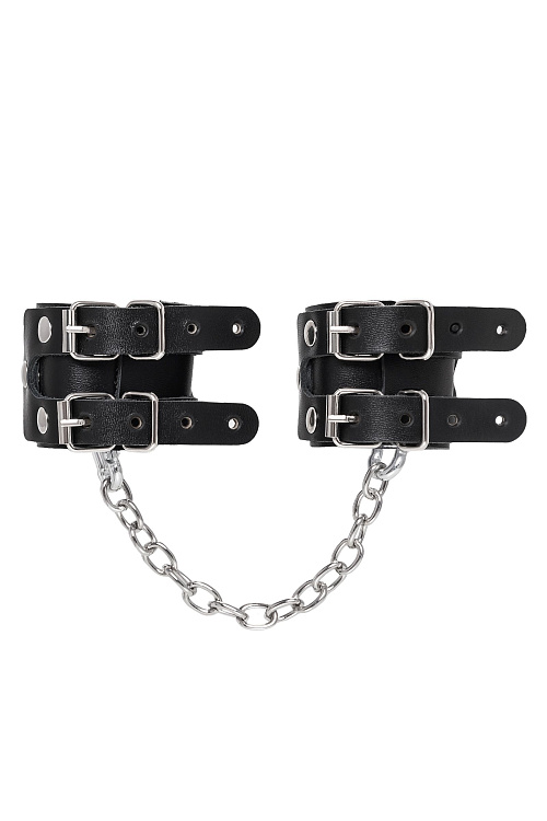 Черные кожаные наручники-браслеты с двумя ремешками