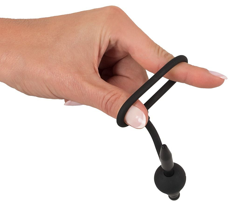 Черный силиконовый дилятор с вибрацией и кольцом PenisPlug with a Glans Ring   Vibration