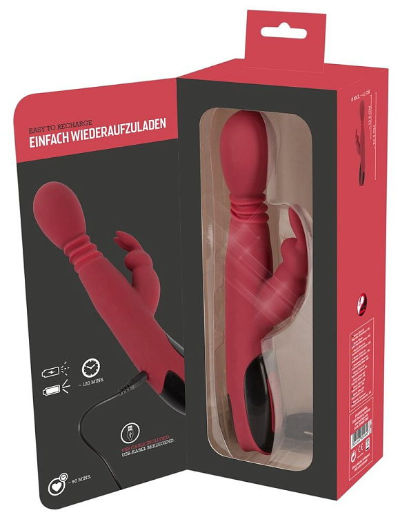 Красный вибромассажер с клиторальным отростком Rabbit Vibrator - 26,5 см.