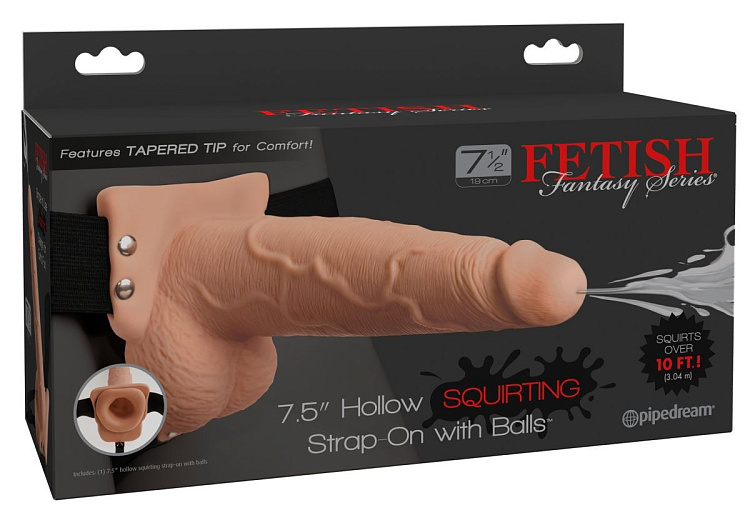 Телесный полый страпон с имитацией эякуляции 7.5  Hollow Squirting Strap-On with Balls - 21,6 см.