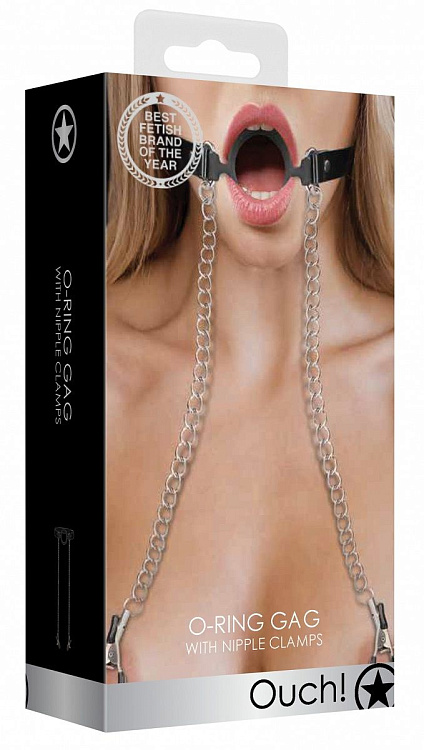 Черный кляп-кольцо с зажимами для сосков O-Ring Gag With Nipple Clamps