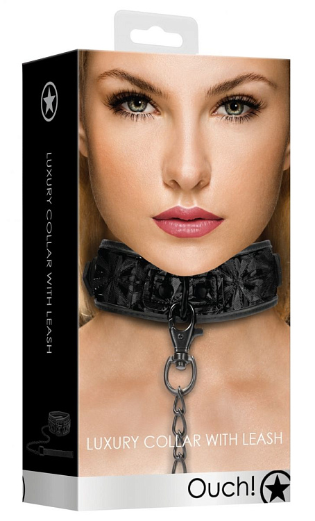 Черный широкий ошейник с поводком Luxury Collar with Leash