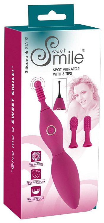 Ярко-розовый клиторальный вибратор с 3 насадками Spot Vibrator with 3 Tips - 17,9 см.