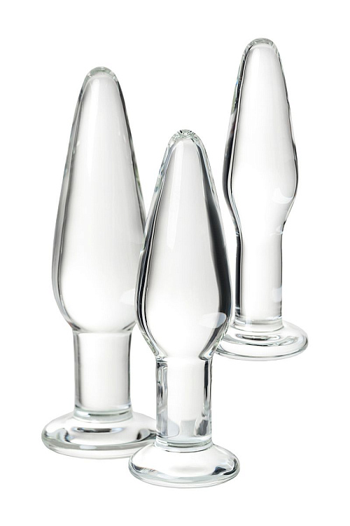 Набор из трех стеклянных анальных пробок с круглым ограничителем Sexus Glass