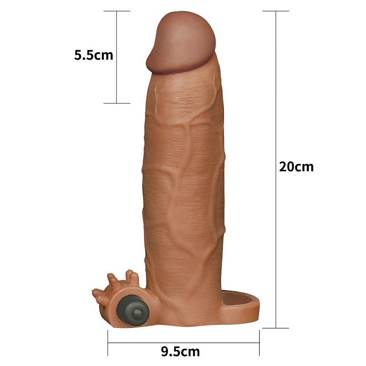 Коричневая насадка на пенис Add 3 Pleasure X Tender Vibrating Penis Sleeve с вибропулей - 20 см.