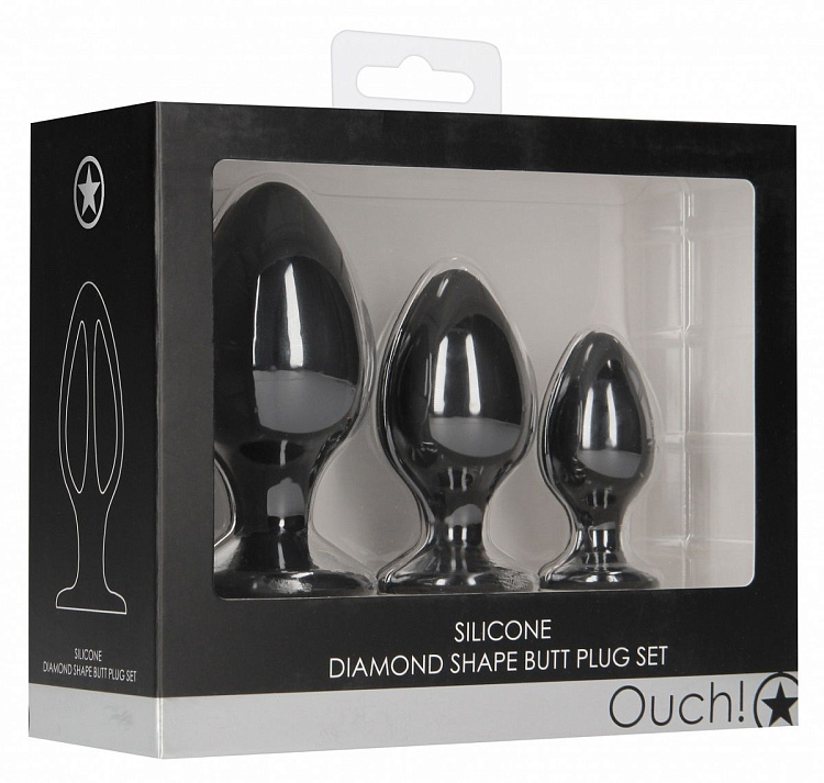 Набор из 3 черных анальных пробок Diamond Shape Butt Plug Set