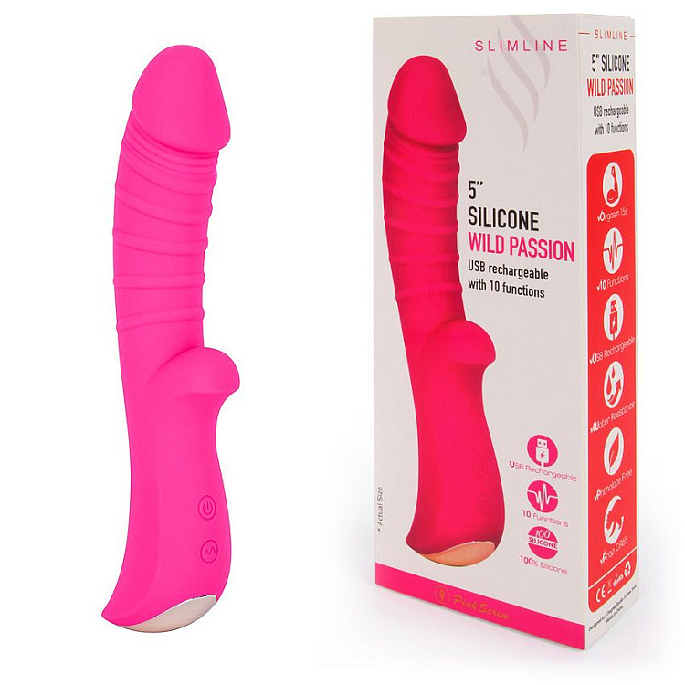 Ярко-розовый вибромассажер 5  Silicone Wild Passion - 19,1 см.