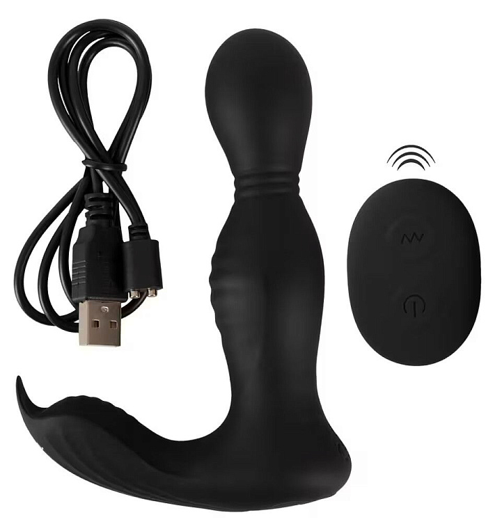 Черная анальная пробка с вибрацией, вращением и пультом ДУ RC Butt Plug with 2 Functions