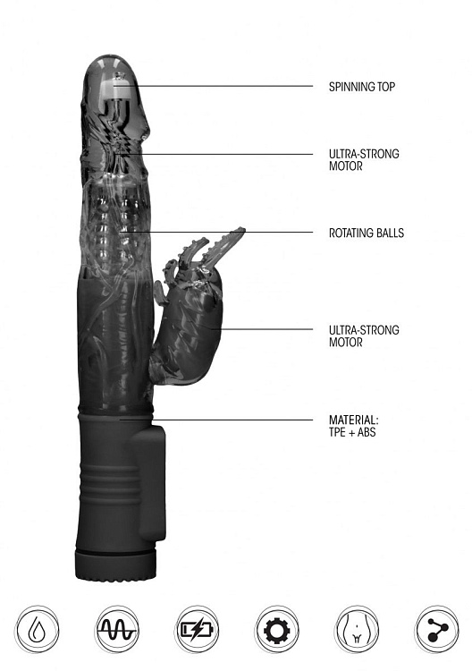 Черный вибратор-кролик Rotating Beetle - 22 см.