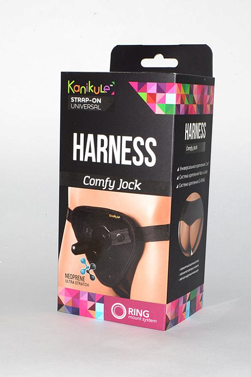 Чёрные трусики-джоки Kanikule Strap-on Harness universal Comfy Jock с плугом и кольцами