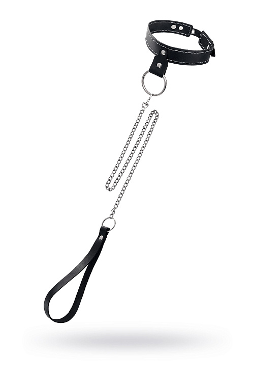 Черный узкий однослойный ошейник с серебристым поводком-цепочкой