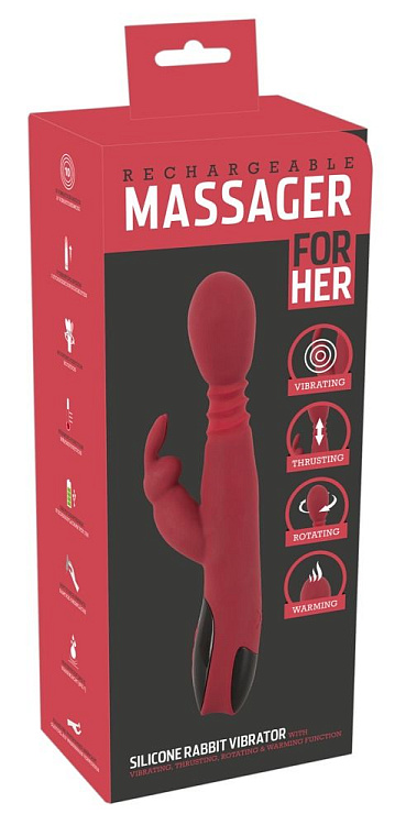 Красный вибромассажер с клиторальным отростком Rabbit Vibrator - 26,5 см.