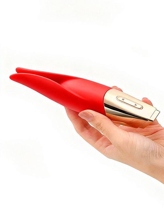 Красный мини-вибратор с раздвоенным кончиком - 12,3 см.