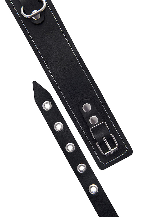 Кожаный двухслойный ошейник с белой строчкой и поводком