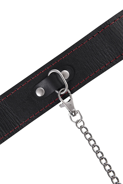 Кожаный двухслойный ошейник с красной строчкой и поводком