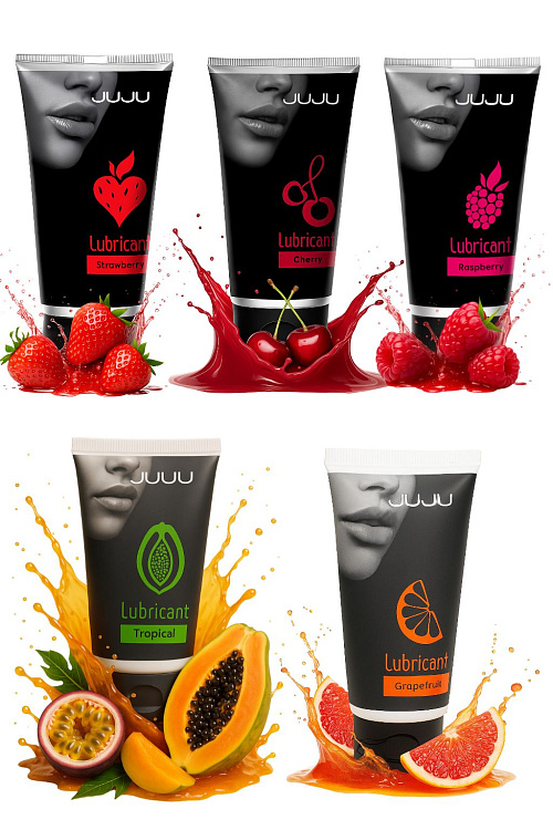 Набор из 5 съедобных лубрикантов JUJU (клубника, малина, тропические фрукты, вишня, грейпфрут)