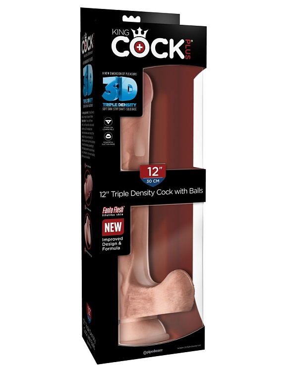 Телесный фаллоимитатор на присоске 12  Triple Density Cock with Balls - 33 см.