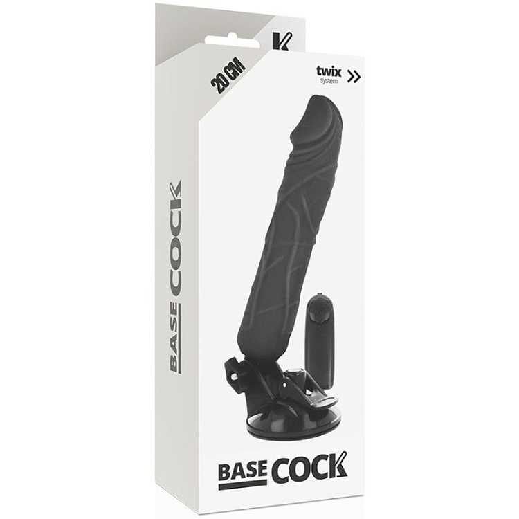 Черный вибратор на мощной присоске Basecock Realistic Vibrator - 20 см.