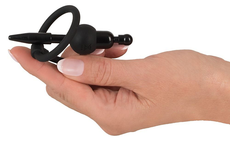 Черный силиконовый дилятор с вибрацией и кольцом PenisPlug with a Glans Ring   Vibration