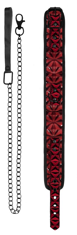 Красно-черный широкий ошейник с поводком Luxury Collar with Leash