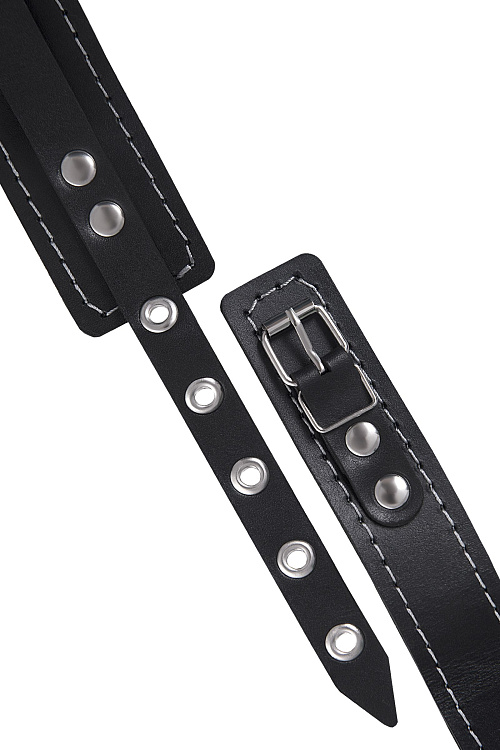 Черный узкий однослойный ошейник с серебристым поводком-цепочкой