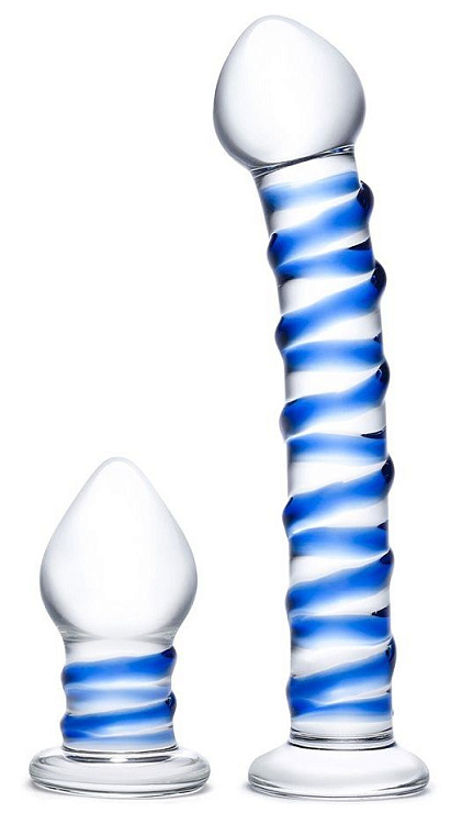 Набор из 2 стеклянных игрушек с синей спиралью Swirly Dildo   Buttplug Set