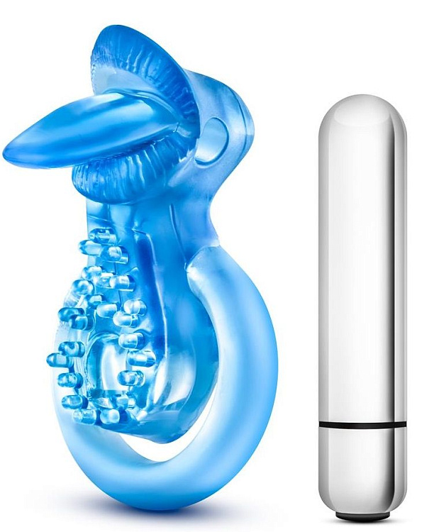 Голубое эрекционное виброкольцо 10 Function Vibrating Tongue Ring