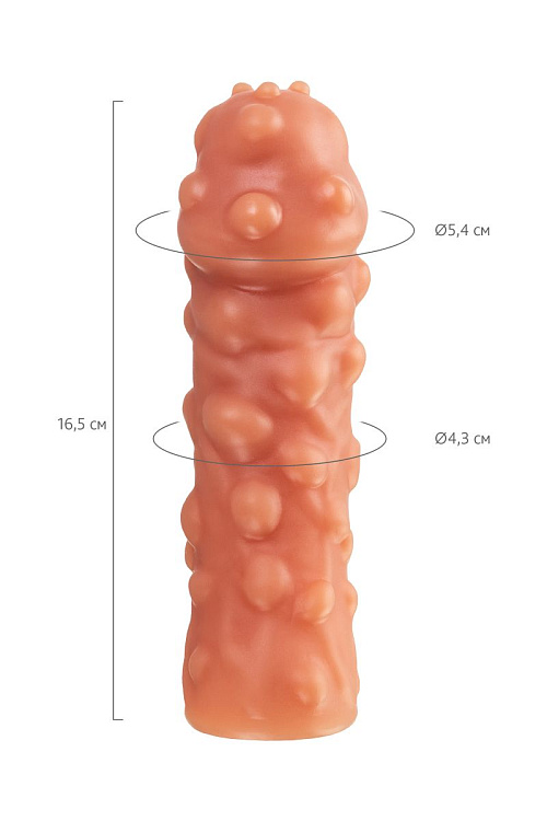 Телесная, покрытая пузырьками насадка на член - 16,5 см.